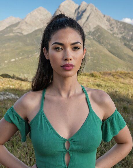 Solo girl gets completely naked on a grassy knoll near the mountains - #1