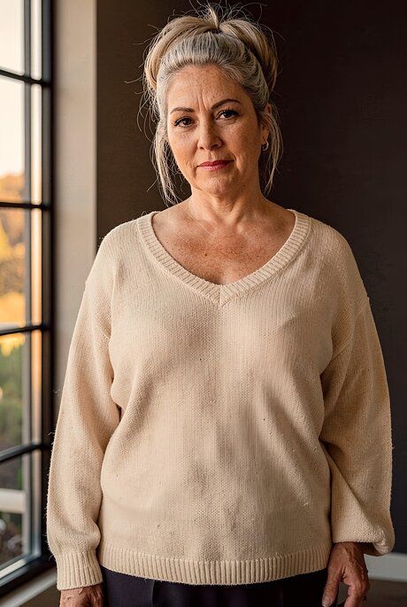 Old woman takes off her sweater before removing a black bra to get naked - #1