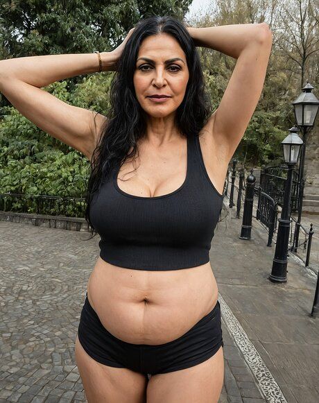 Obese granny gets naked on a cobblestone street near a river - #5
