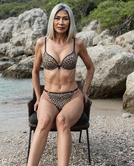 A panel of Asian granny models posing in swimwear and getting naked as well - #9
