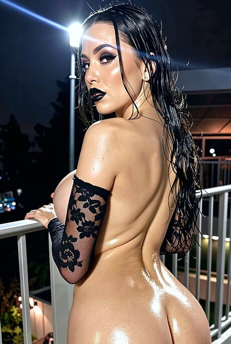 Solo girl sports black lips while displaying her huge tits at night - #6