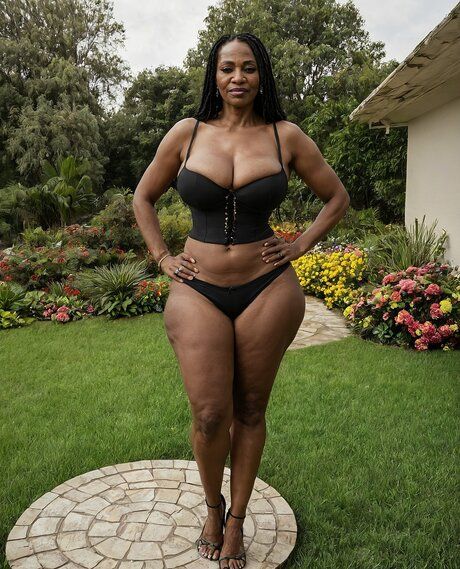 Black granny with a big belly gets naked in a backyard with her hair down - #3