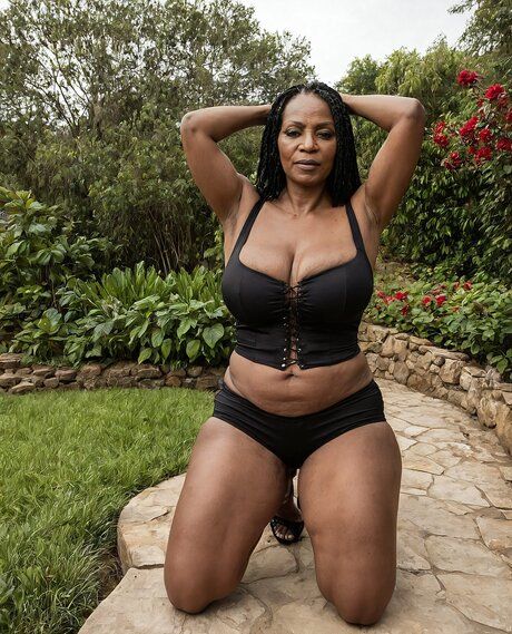 Black granny with a big belly gets naked in a backyard with her hair down - #10