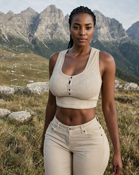 Athletic black girl removes her clothes while out in a field by the mountains - #3