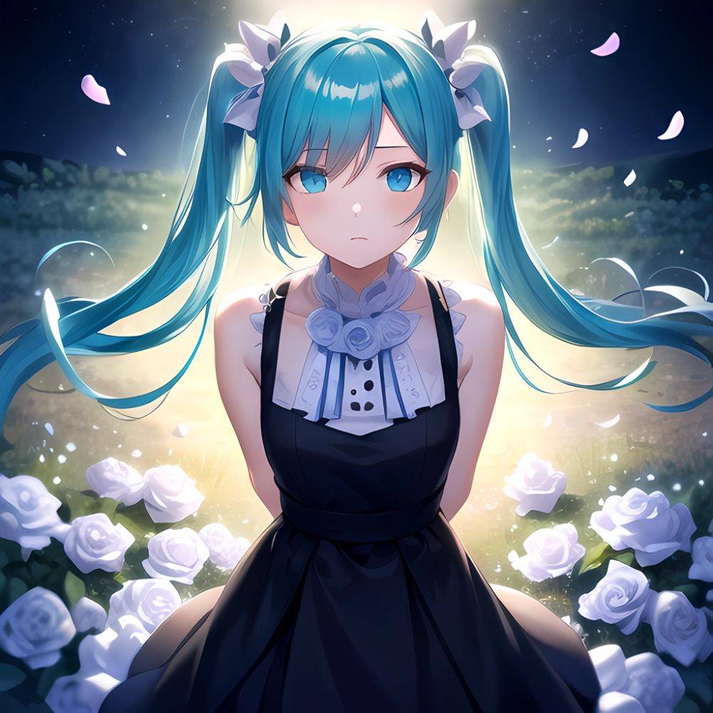 Face Focus Masterpiece Best Quality 1girl White Roses Petals Night Background Fireflies Light Particle Solo Aqua Hair With Twin, 2327611620 - AIHentai - #main