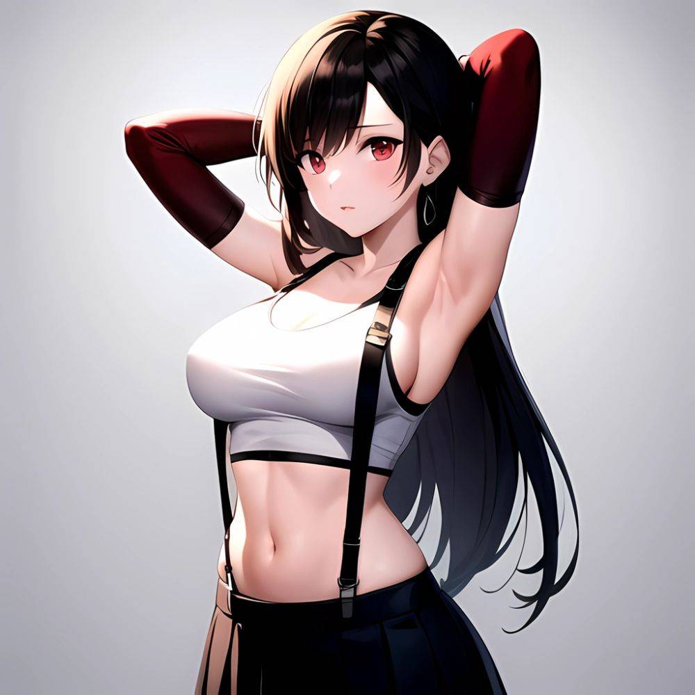 1girl Armpits Arms Behind Head Arms Up Bare Shoulders Black Gloves Black Hair Black Skirt Breasts Closed Mouth Crop Top, 2936288345 - AIHentai - #main