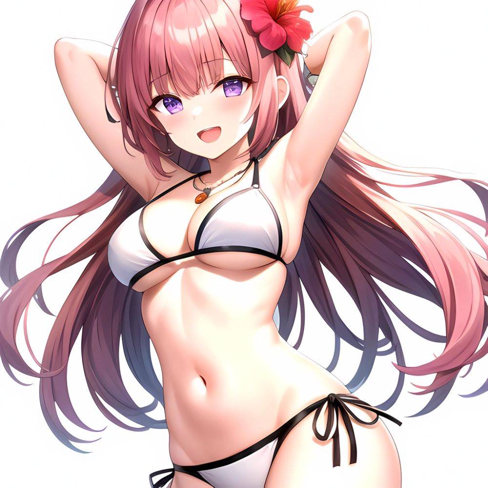Yayoi Sakura 1girl Armpits Arms Behind Head Bikini Bracelet Breasts Cleavage Flower Hair Flower Hair Ornament Hibiscus Long Hair, 4207646037 - AIHentai - #main