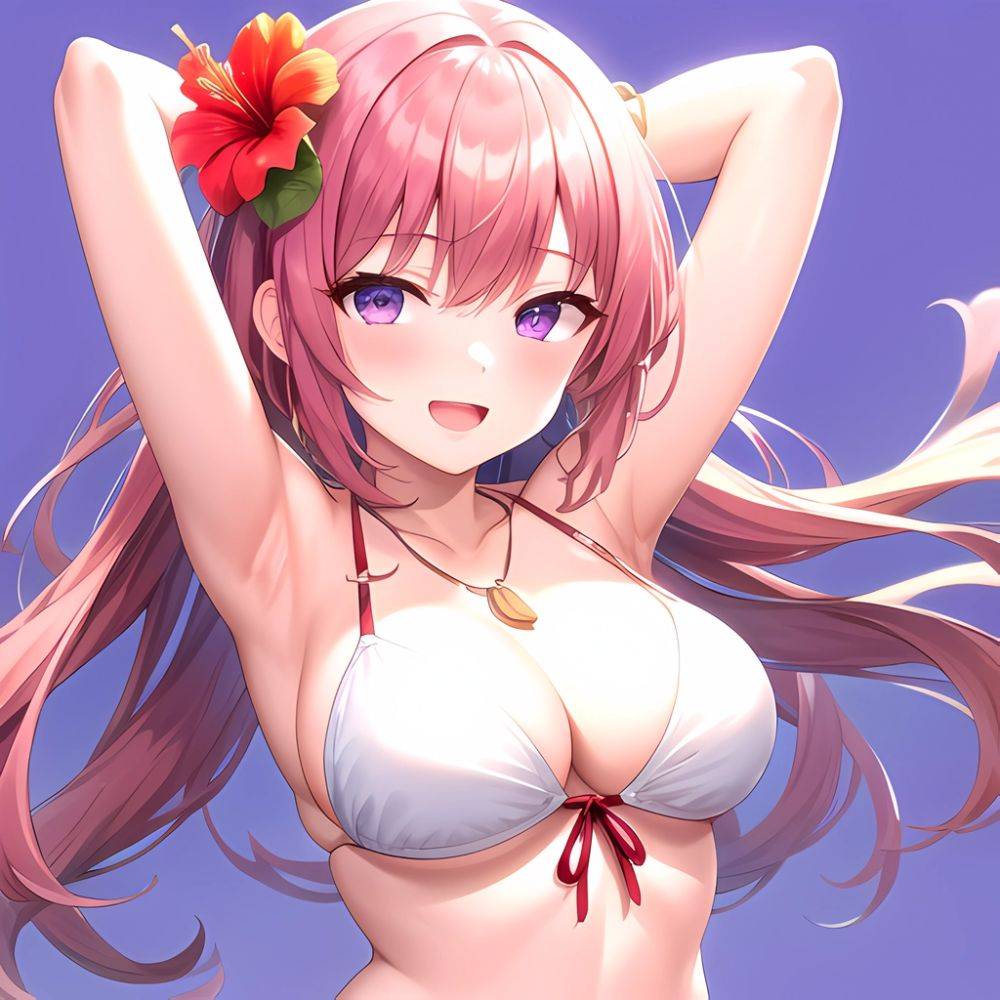 Yayoi Sakura 1girl Armpits Arms Behind Head Bikini Bracelet Breasts Cleavage Flower Hair Flower Hair Ornament Hibiscus Long Hair, 1325035213 - AIHentai - #main