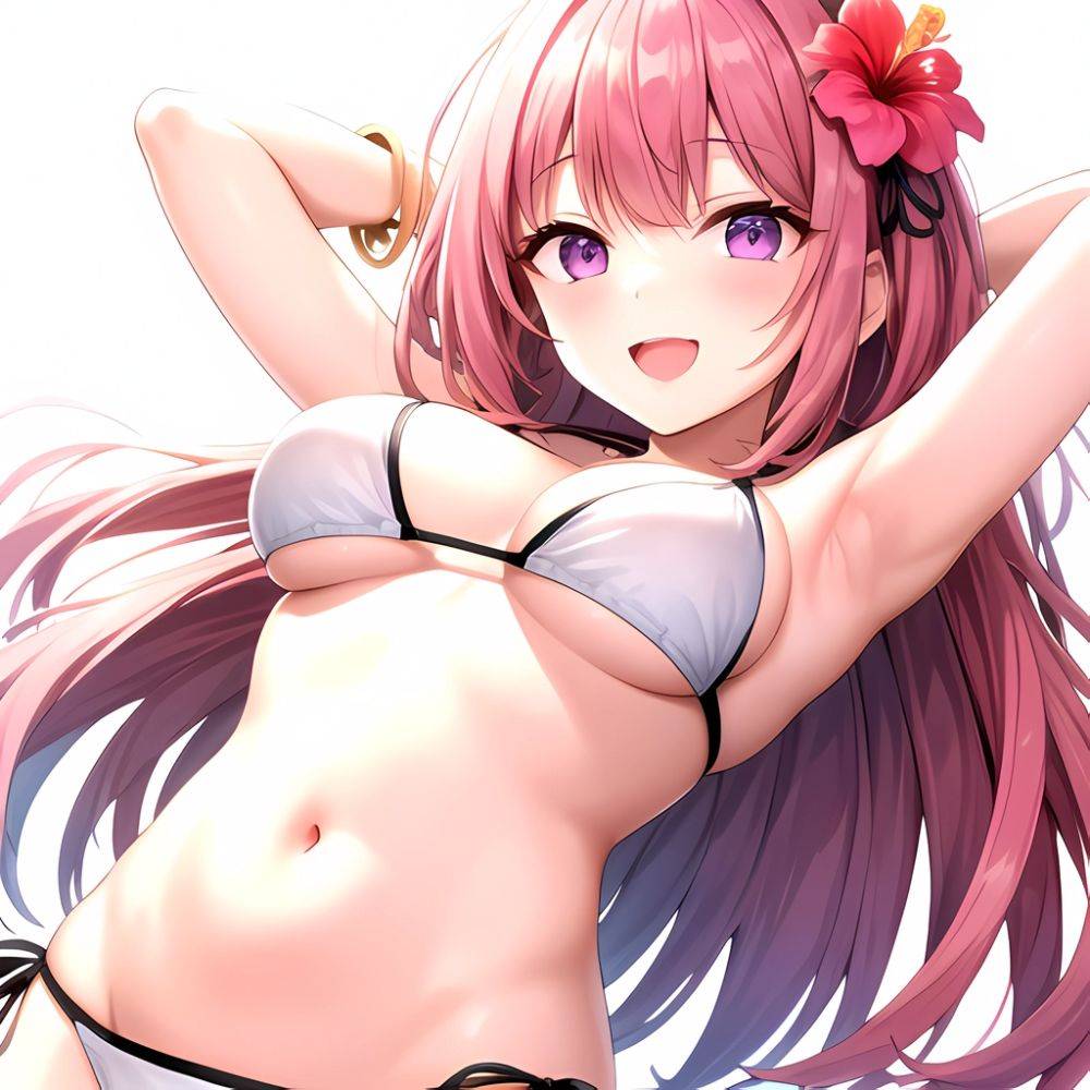 Yayoi Sakura 1girl Armpits Arms Behind Head Bikini Bracelet Breasts Cleavage Flower Hair Flower Hair Ornament Hibiscus Long Hair, 2644107990 - AIHentai - #main