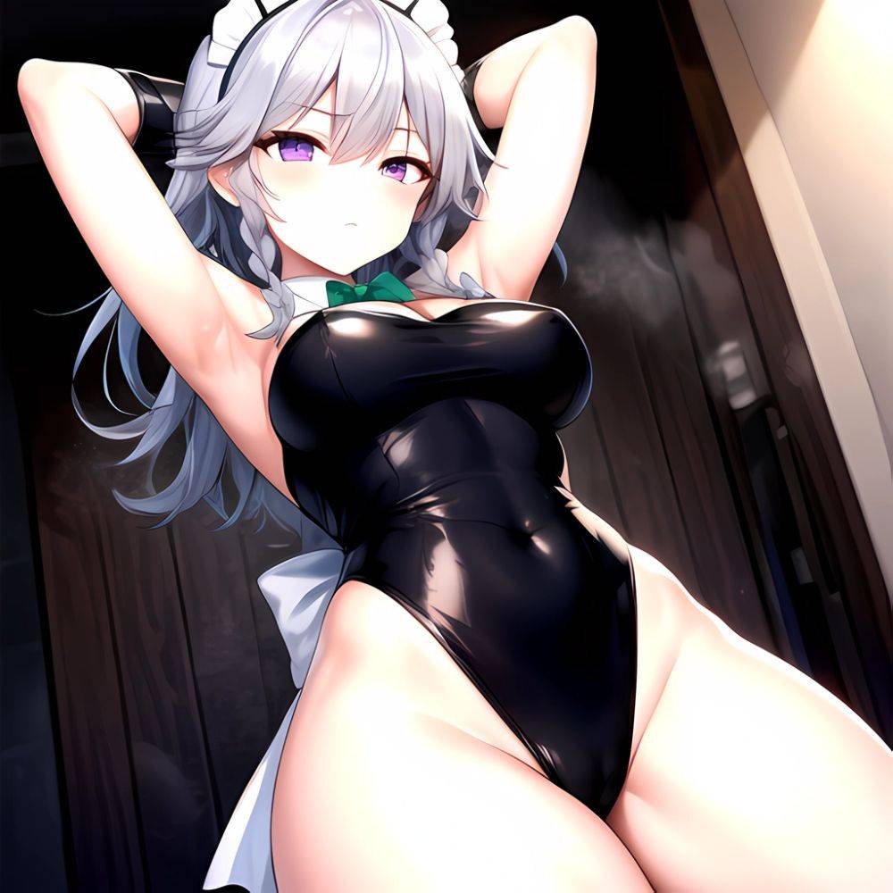 Izayoi Sakuya 1girl Armpits Blue Leotard Bow Braid Breasts Expressionless Gloves Green Bow Grey Hair Large Breasts Latex Latex G, 3895657118 - AIHentai - #main