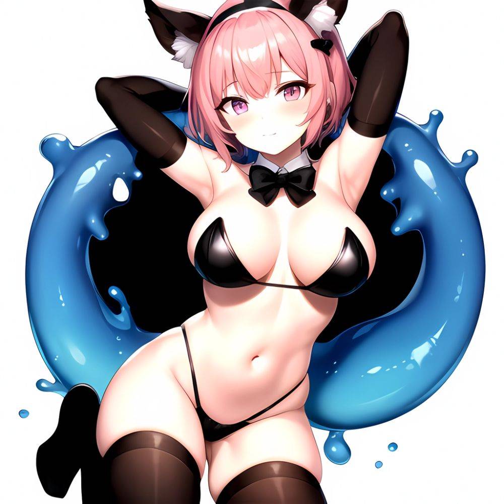 1girl Animal Ears Armpits Arms Behind Head Black Bow Black Bowtie Black Gloves Black Hairband Black Thighhighs Blue Skin Blunt, 1662206482 - AIHentai - #main