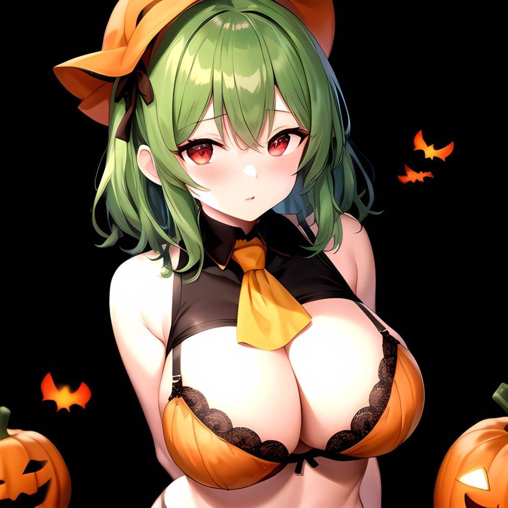 Pumpkins Halloween Kazami Yuuka 1girl Arms Behind Back Ascot Black Background Black Bra Black Panties Black Pantyhose Bra Breast, 771511371 - AIHentai - #main