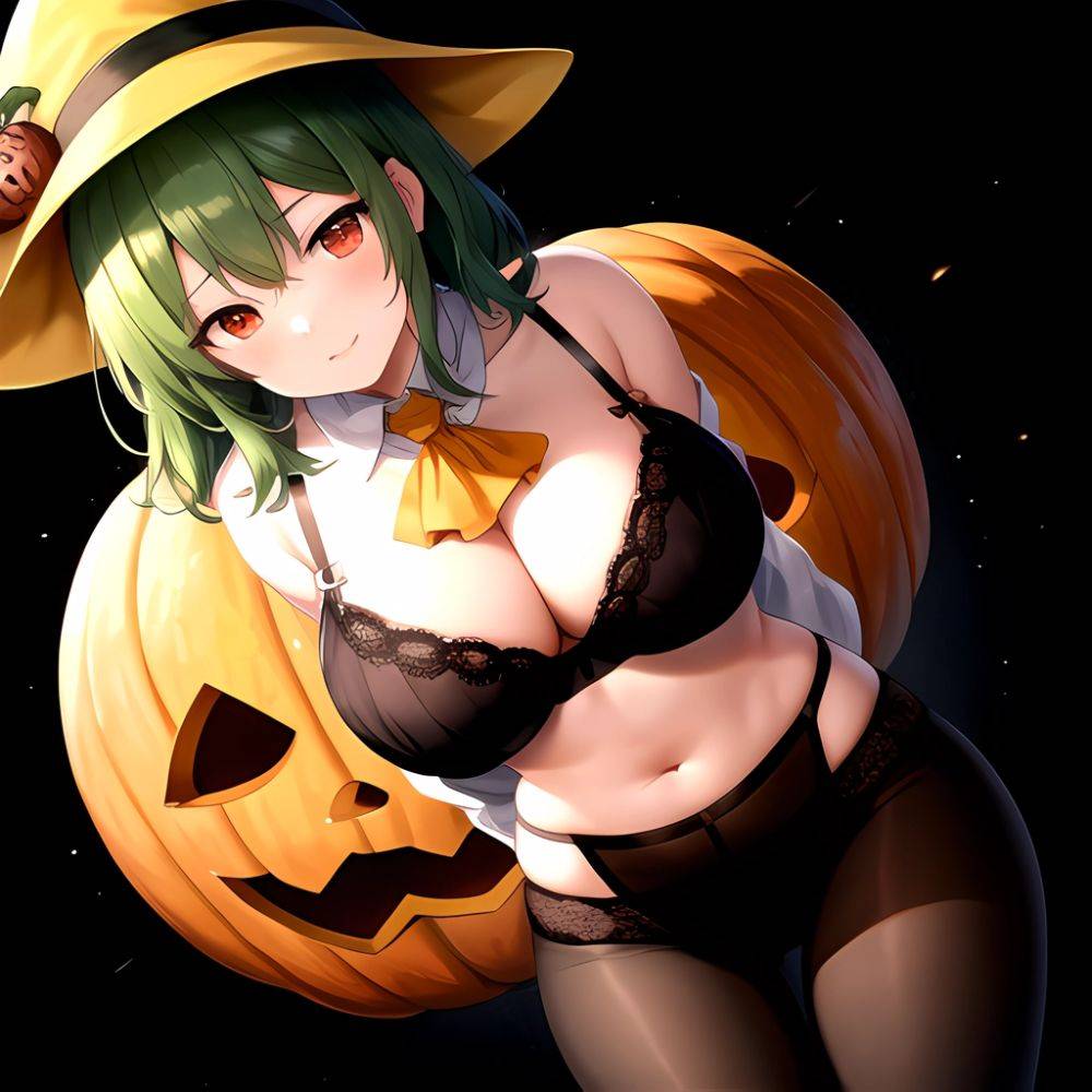 Pumpkins Halloween Kazami Yuuka 1girl Arms Behind Back Ascot Black Background Black Bra Black Panties Black Pantyhose Bra Breast, 161677796 - AIHentai - #main
