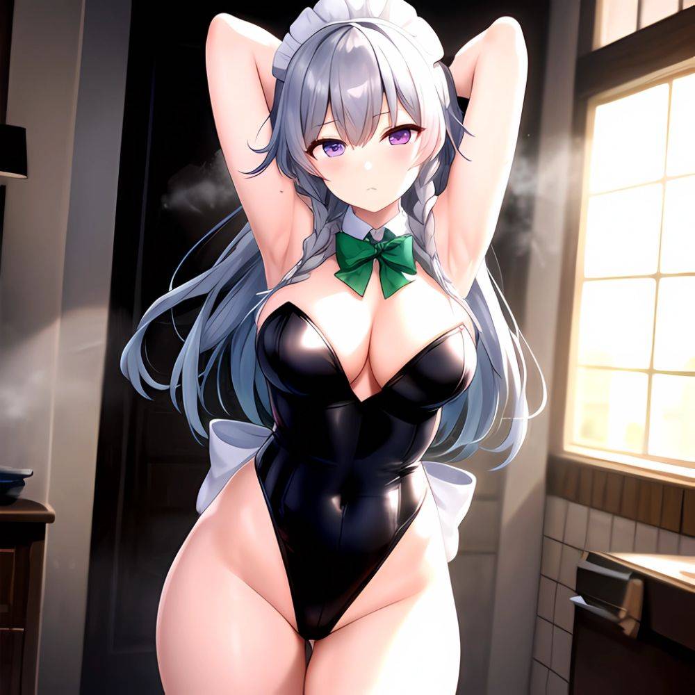 Izayoi Sakuya 1girl Armpits Blue Leotard Bow Braid Breasts Expressionless Gloves Green Bow Grey Hair Large Breasts Latex Latex G, 3670496159 - AIHentai - #main