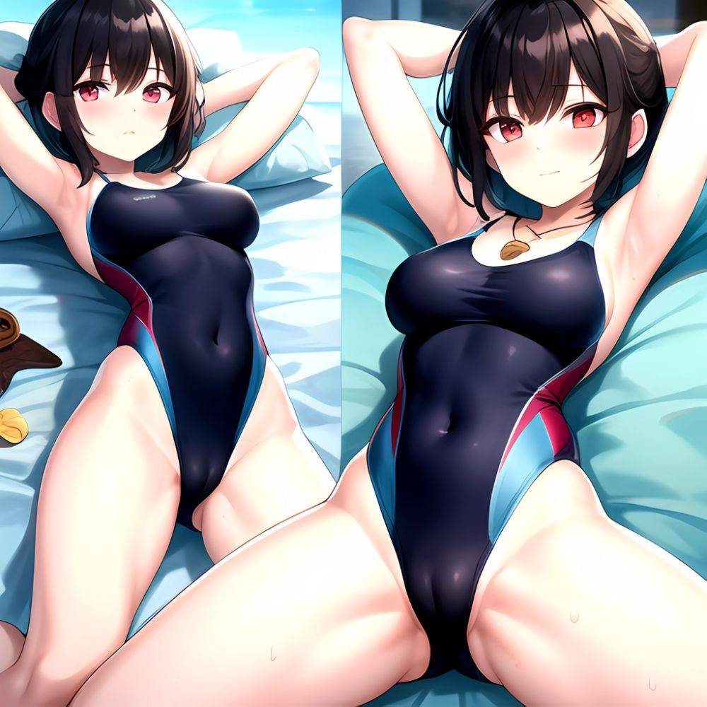 Tutinako Morino Rinze 1girl Black Hair Blush Closed Mouth Competition Swimsuit Covered Navel Heart Jewelry Looking At Self Lying, 2946623749 - AIHentai - #main