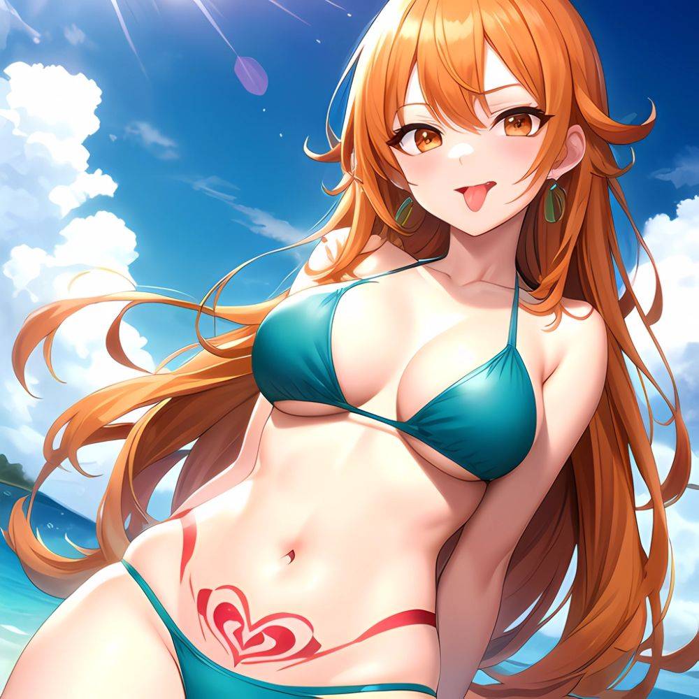 Nami One Piece 1girl Bare Arms Bare Shoulders Bikini Breasts Earrings Green Bikini Groin Jewelry Large Breasts Long Hair Looking, 4133263547 - AIHentai - #main
