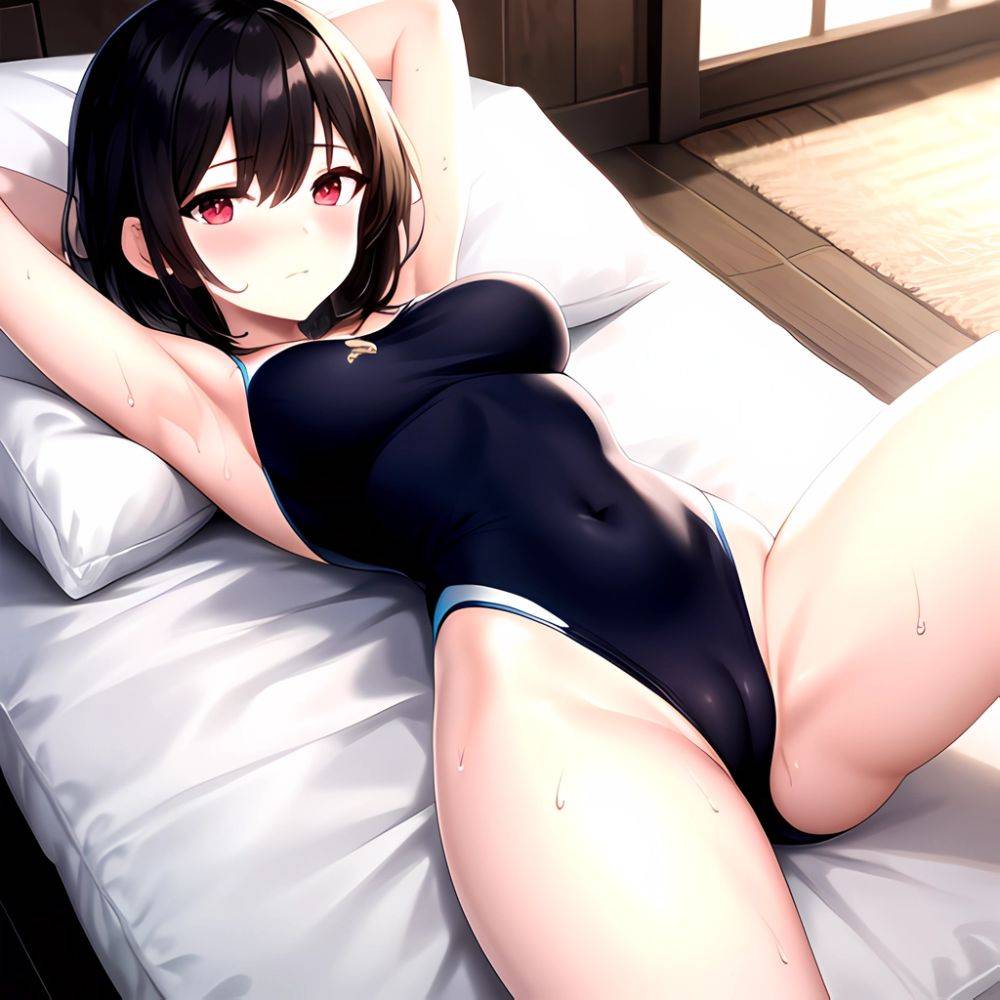 Tutinako Morino Rinze 1girl Black Hair Blush Closed Mouth Competition Swimsuit Covered Navel Heart Jewelry Looking At Self Lying, 3504501506 - AIHentai - #main