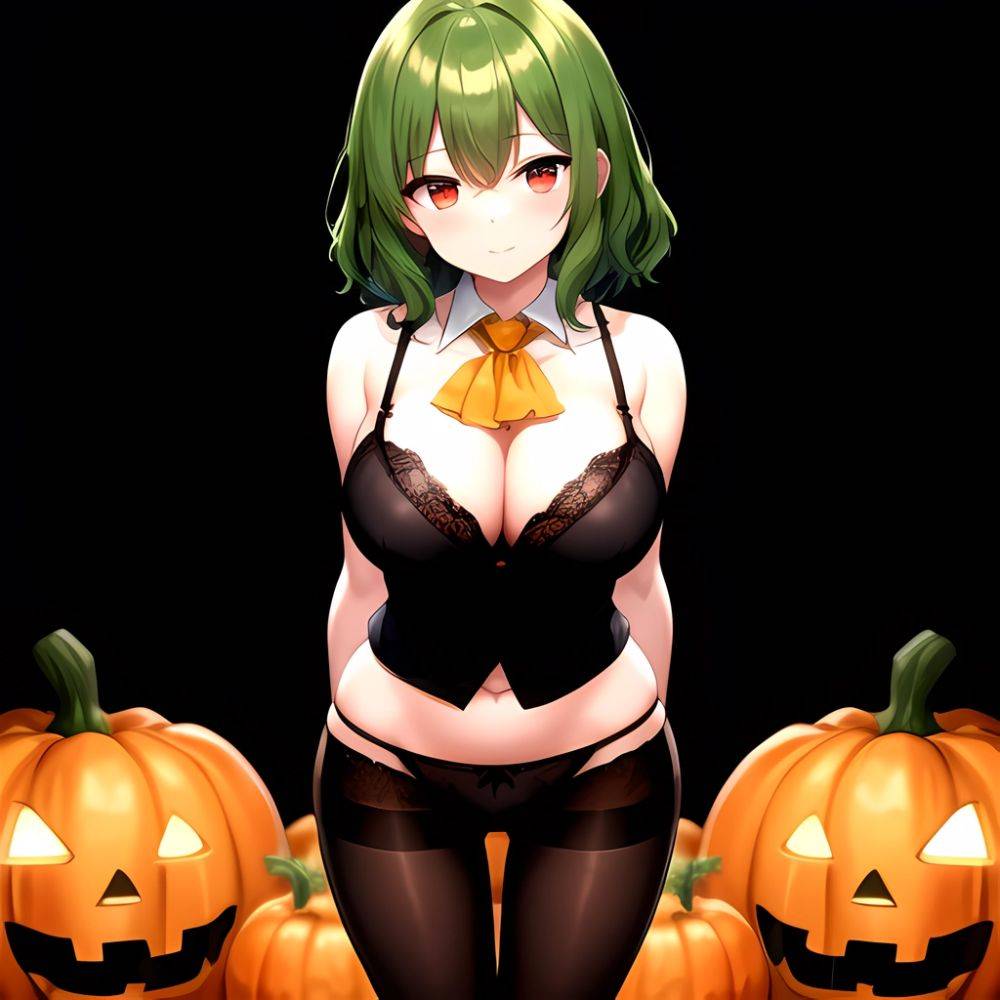 Pumpkins Halloween Kazami Yuuka 1girl Arms Behind Back Ascot Black Background Black Bra Black Panties Black Pantyhose Bra Breast, 4030467390 - AIHentai - #main