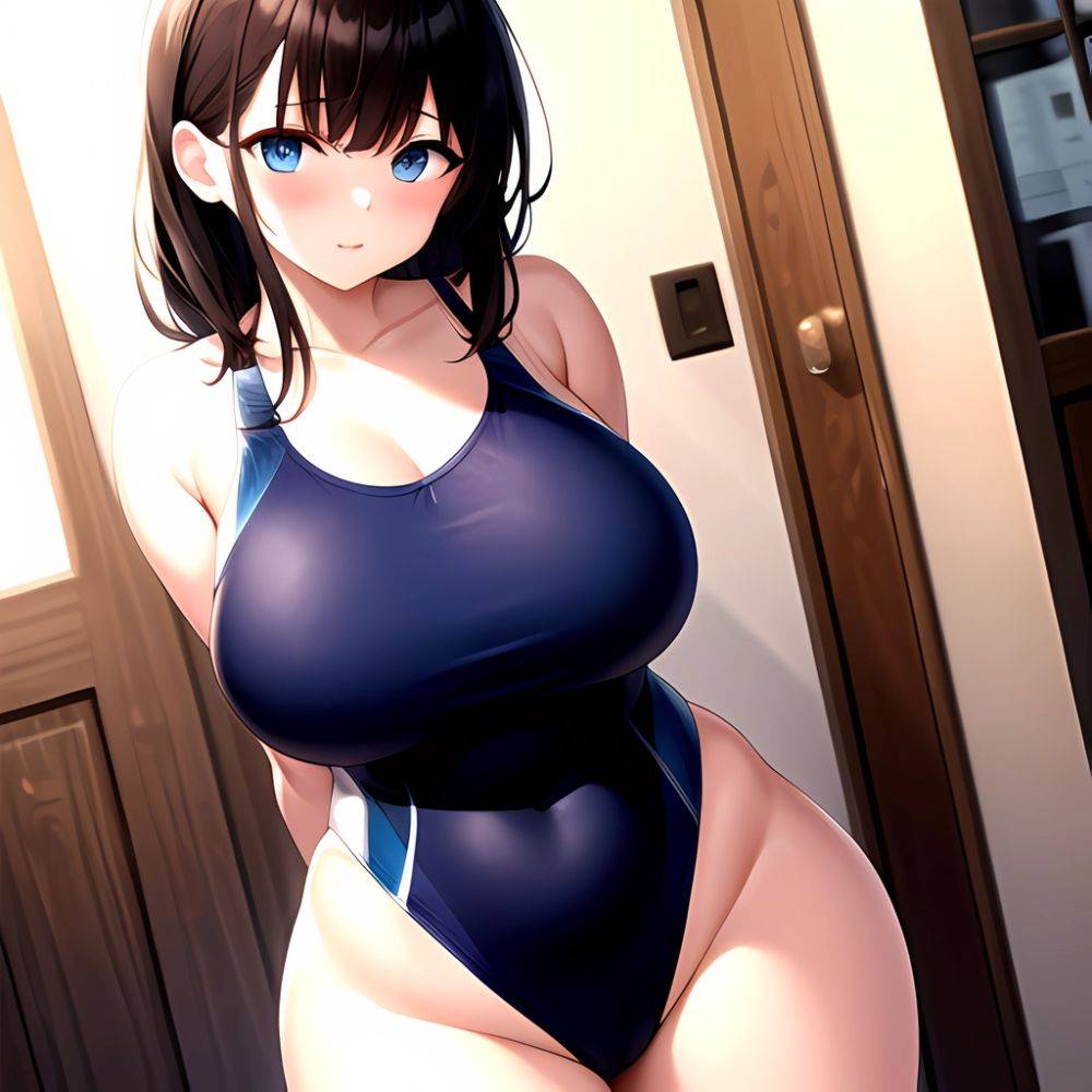 Takarada Rikka 1girl Against Wall Blue Eyes Blush Breasts Collarbone Competition Swimsuit Curvy Groin Highleg Huge Breasts Indoo, 2682407358 - AIHentai - #main