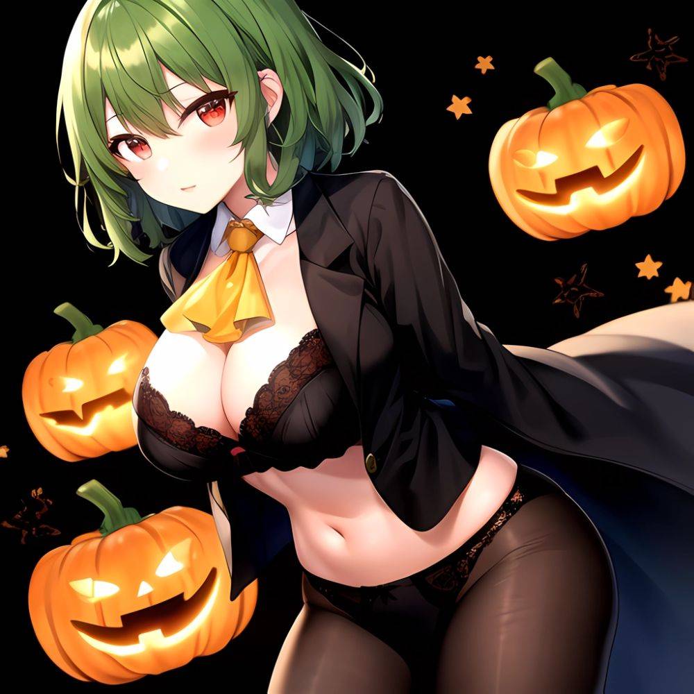 Pumpkins Halloween Kazami Yuuka 1girl Arms Behind Back Ascot Black Background Black Bra Black Panties Black Pantyhose Bra Breast, 3018729534 - AIHentai - #main