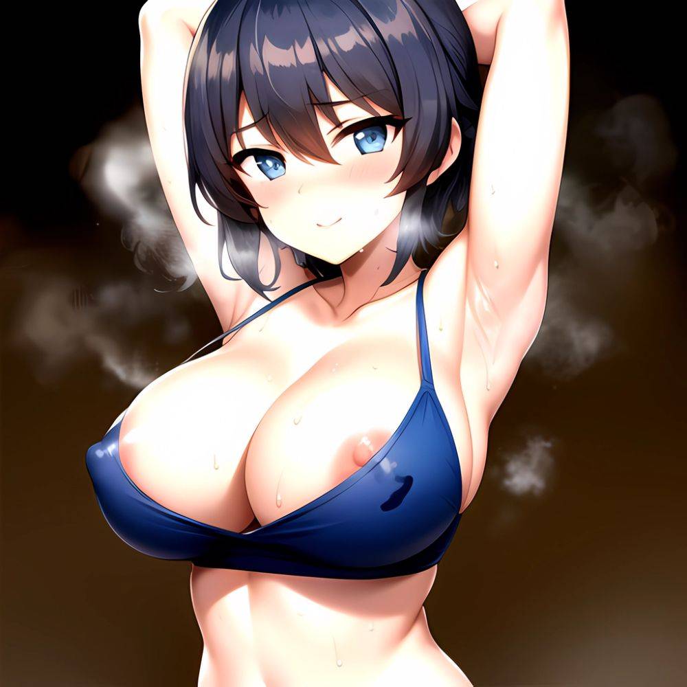 1girl Armpits Arms Behind Head Azumi Girls Und Panzer Blue Eyes Blush Breasts Blue Hair Cleavage Girls Und Panzer Iwanishi, 3630704787 - AIHentai - #main