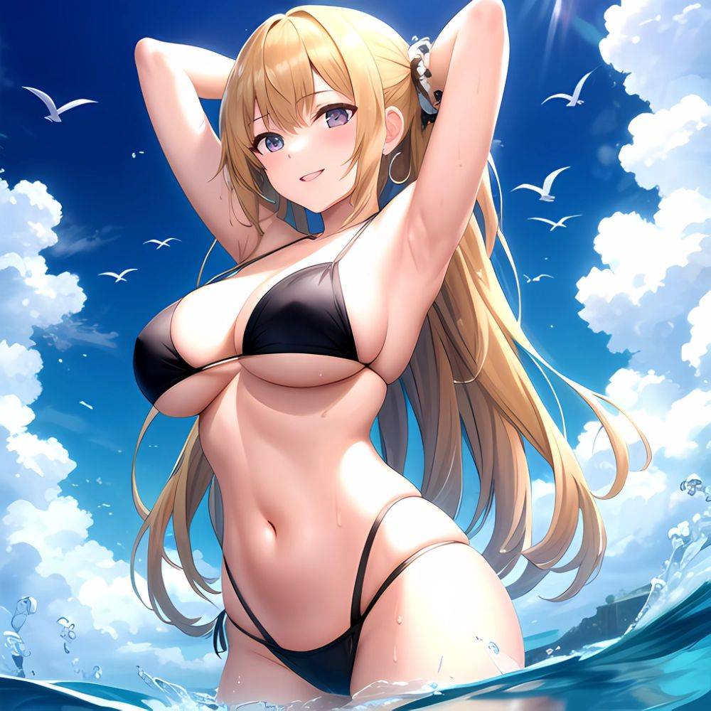 Empress Last Origin 1girl Armpits Arms Behind Head Bikini Bird Black Bikini Blonde Hair Blue Sky Breasts Cloud Gradient Hair, 2516673057 - AIHentai - #main