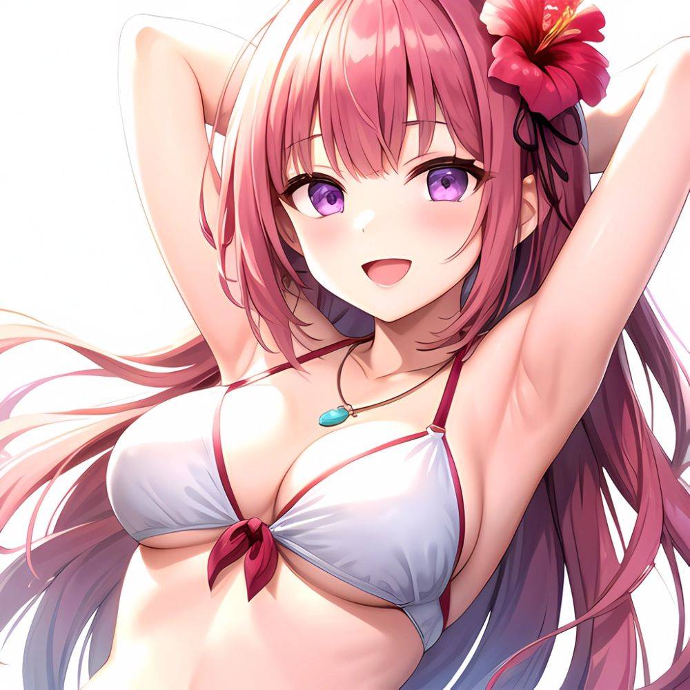 Yayoi Sakura 1girl Armpits Arms Behind Head Bikini Bracelet Breasts Cleavage Flower Hair Flower Hair Ornament Hibiscus Long Hair, 236068805 - AIHentai - #main