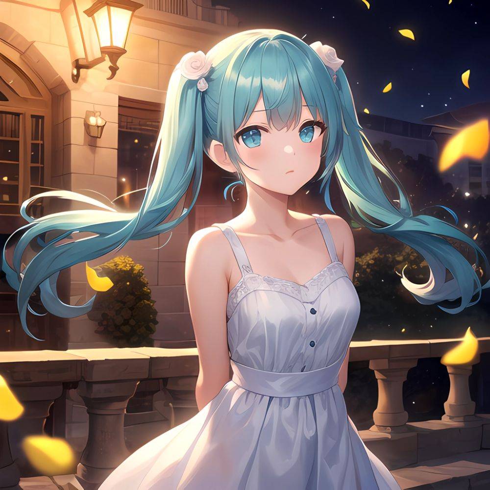 Face Focus Masterpiece Best Quality 1girl White Roses Petals Night Background Fireflies Light Particle Solo Aqua Hair With Twin, 429135980 - AIHentai - #main