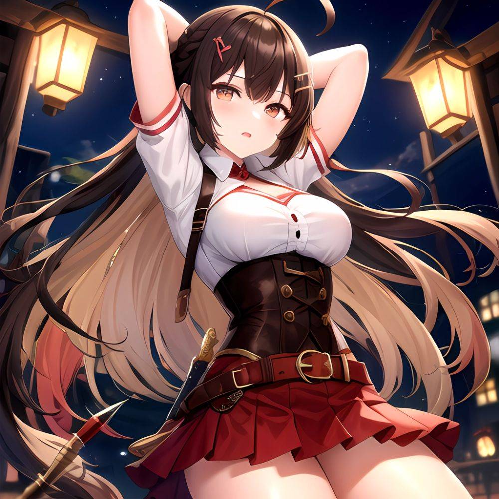 Nanashi Mumei Nanashi Mumei 1st Costume 1girl Ahoge Arms Behind Head Arms Up Belt Brown Corset Brown Eyes Brown Hair, 2242078339 - AIHentai - #main