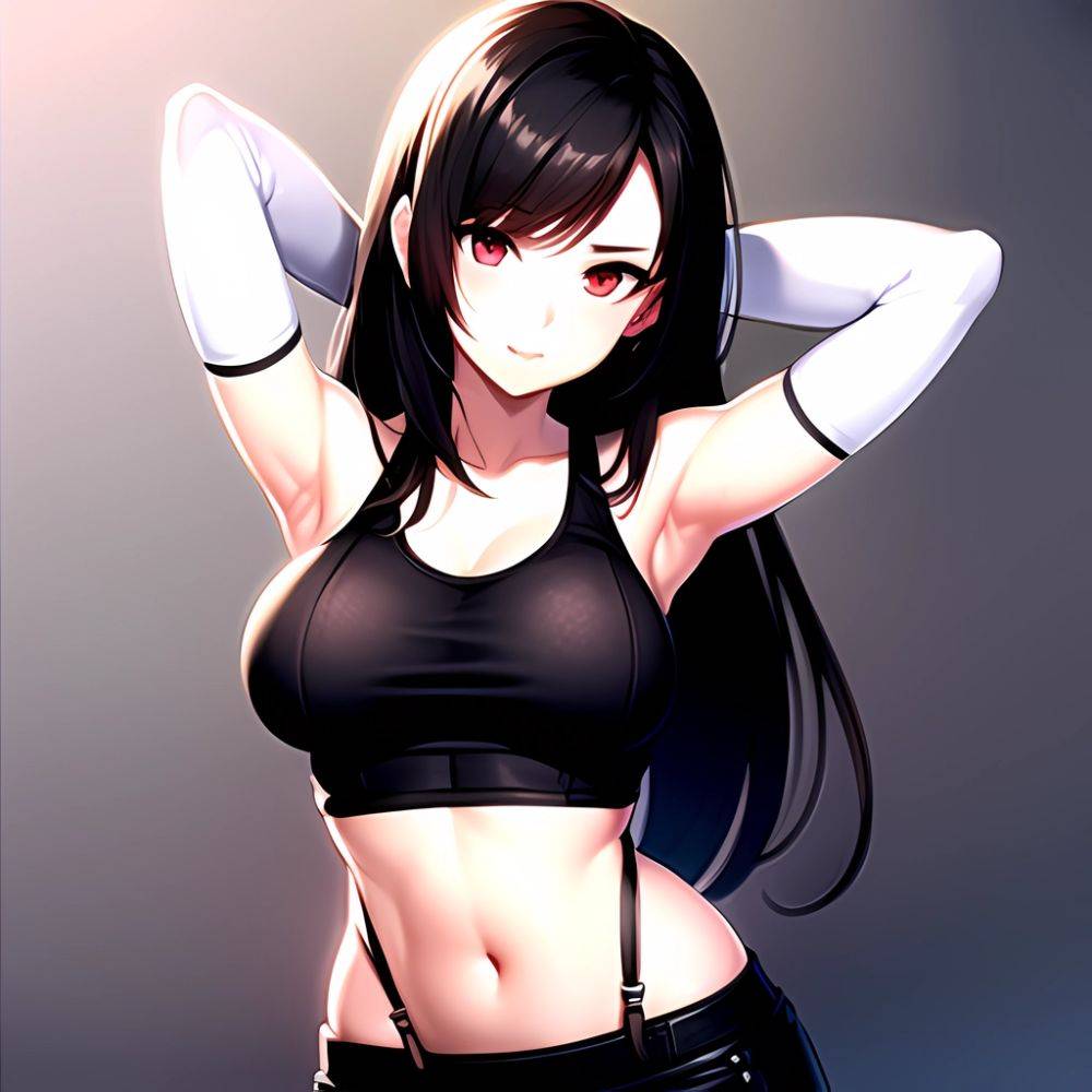 1girl Armpits Arms Behind Head Arms Up Bare Shoulders Black Gloves Black Hair Black Skirt Breasts Closed Mouth Crop Top, 4108075129 - AIHentai - #main