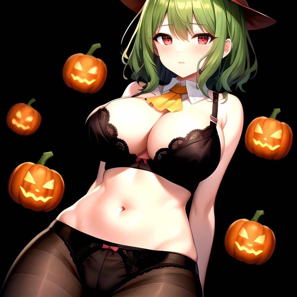 Pumpkins Halloween Kazami Yuuka 1girl Arms Behind Back Ascot Black Background Black Bra Black Panties Black Pantyhose Bra Breast, 998629489 - AIHentai - #main