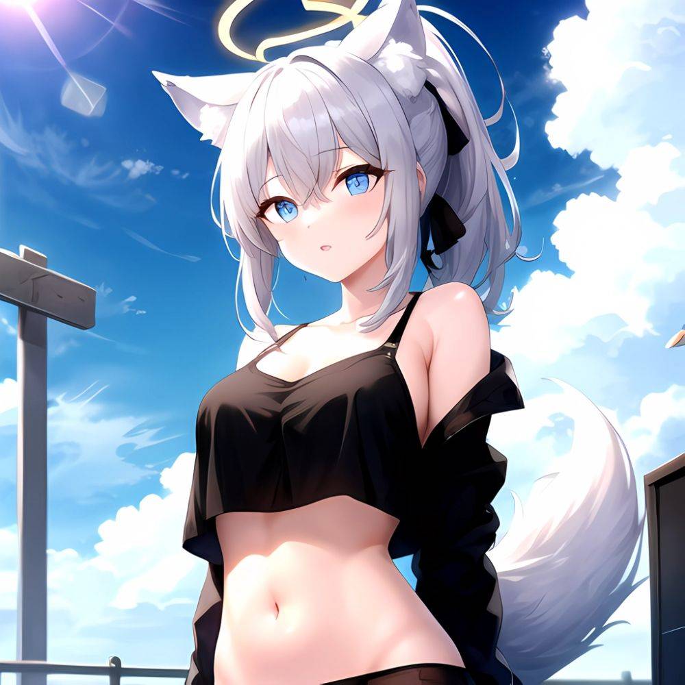 Shiroko Blue Archive 1girl Alternate Costume Animal Ear Fluff Animal Ears Arms Behind Back Black Pants Blue Eyes Blue Sky, 3103651167 - AIHentai - #main