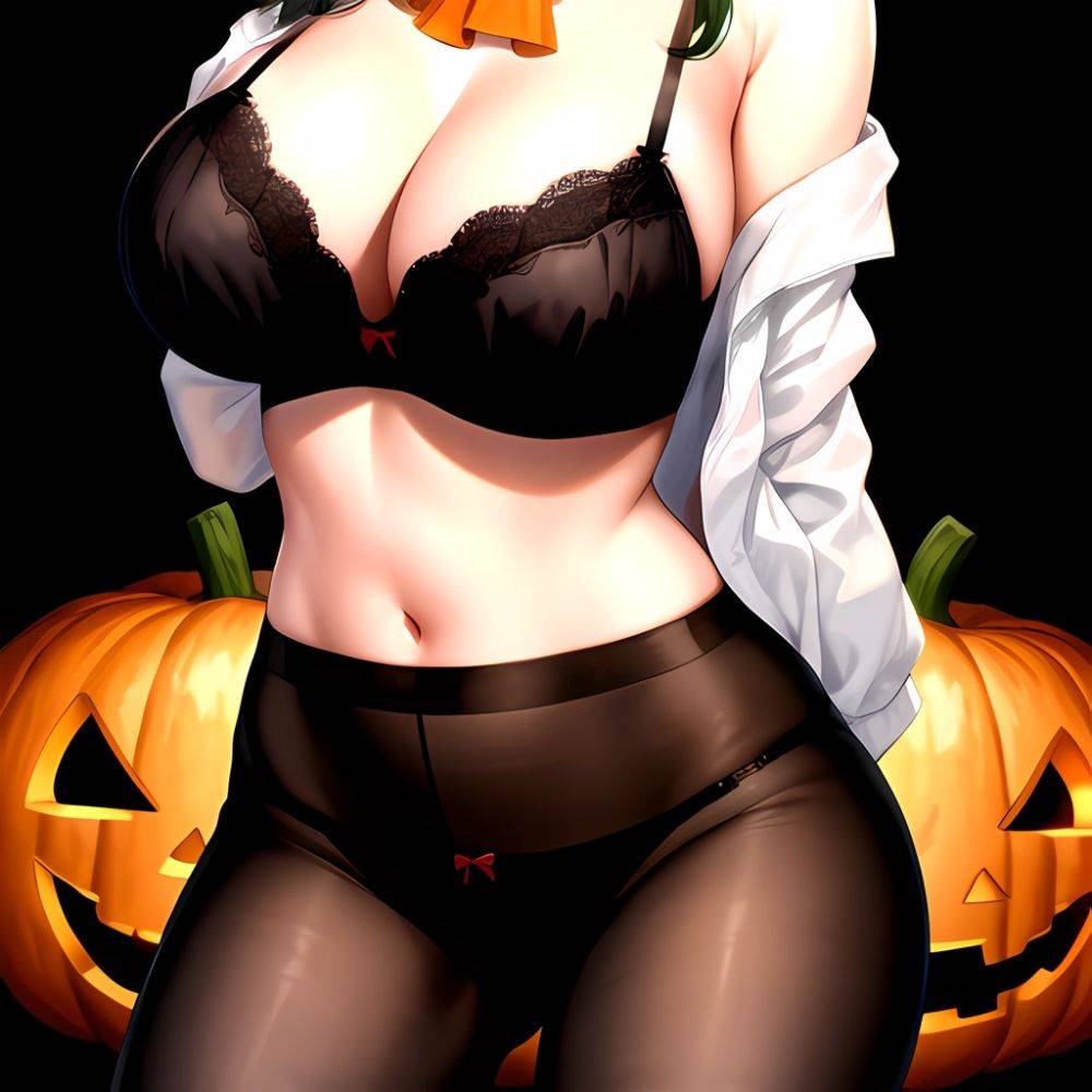 Pumpkins Halloween Kazami Yuuka 1girl Arms Behind Back Ascot Black Background Black Bra Black Panties Black Pantyhose Bra Breast, 3343661906 - AIHentai - #main