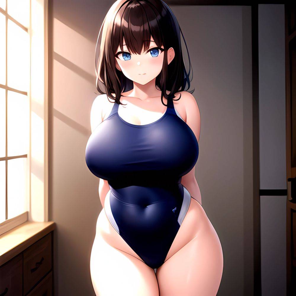 Takarada Rikka 1girl Against Wall Blue Eyes Blush Breasts Collarbone Competition Swimsuit Curvy Groin Highleg Huge Breasts Indoo, 1806714329 - AIHentai - #main