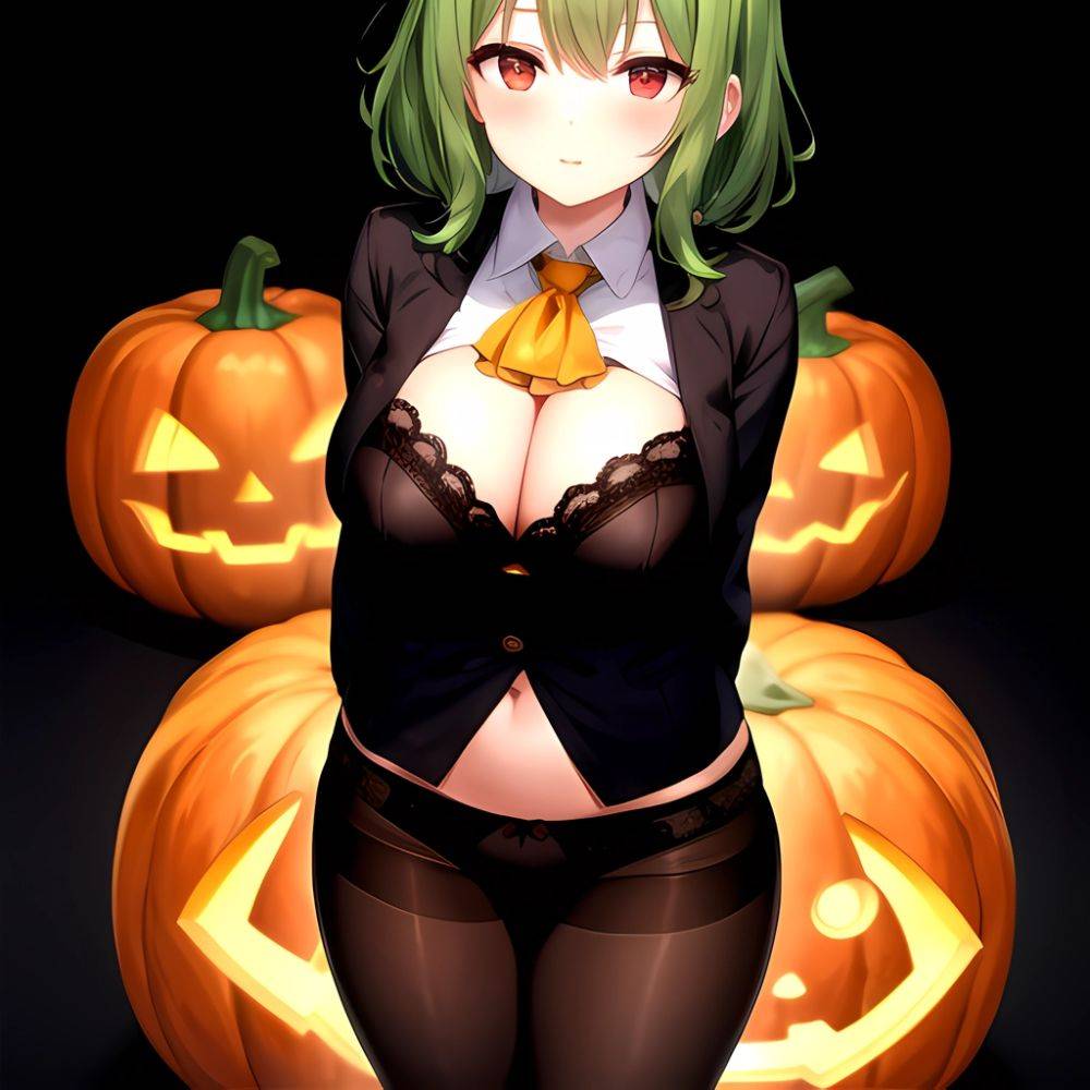 Pumpkins Halloween Kazami Yuuka 1girl Arms Behind Back Ascot Black Background Black Bra Black Panties Black Pantyhose Bra Breast, 924870772 - AIHentai - #main