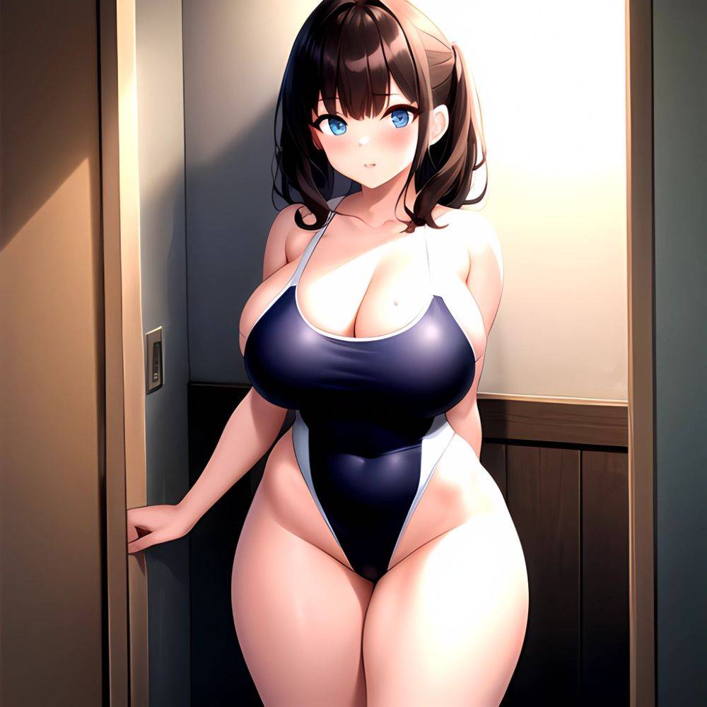 Takarada Rikka 1girl Against Wall Blue Eyes Blush Breasts Collarbone Competition Swimsuit Curvy Groin Highleg Huge Breasts Indoo, 4079779358 - AIHentai - #main