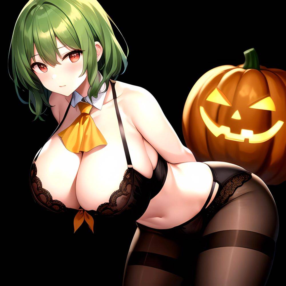 Pumpkins Halloween Kazami Yuuka 1girl Arms Behind Back Ascot Black Background Black Bra Black Panties Black Pantyhose Bra Breast, 3312068188 - AIHentai - #main