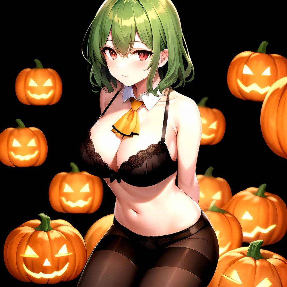 Pumpkins Halloween Kazami Yuuka 1girl Arms Behind Back Ascot Black Background Black Bra Black Panties Black Pantyhose Bra Breast, 2130535312 - AIHentai - #main