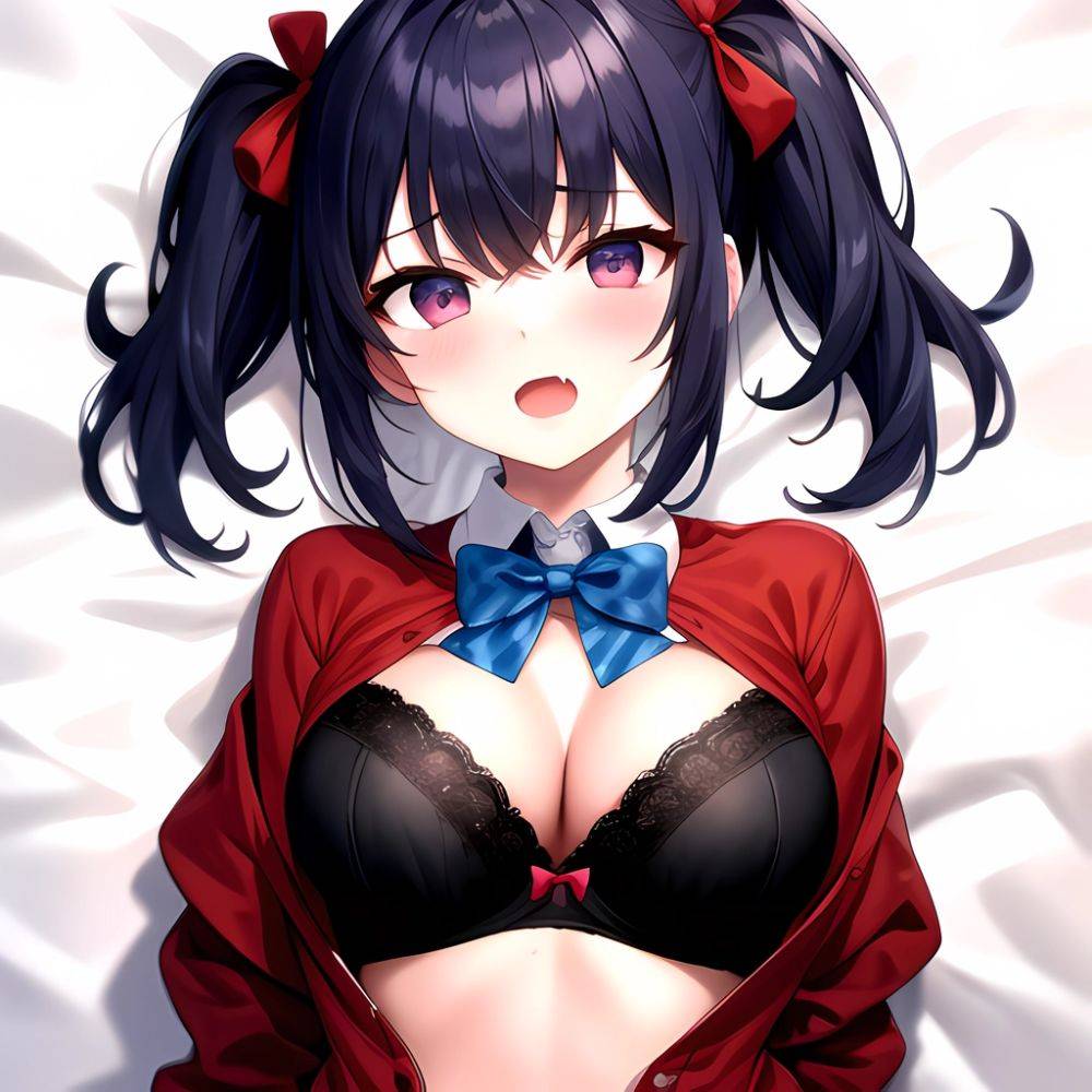 1girl Black Eyes Blue Hair Blush Bow Bowtie Bra Breasts Center Opening Cleavage Collared Shirt Fang Black Bra Hair Intakes, 2795351825 - AIHentai - #main