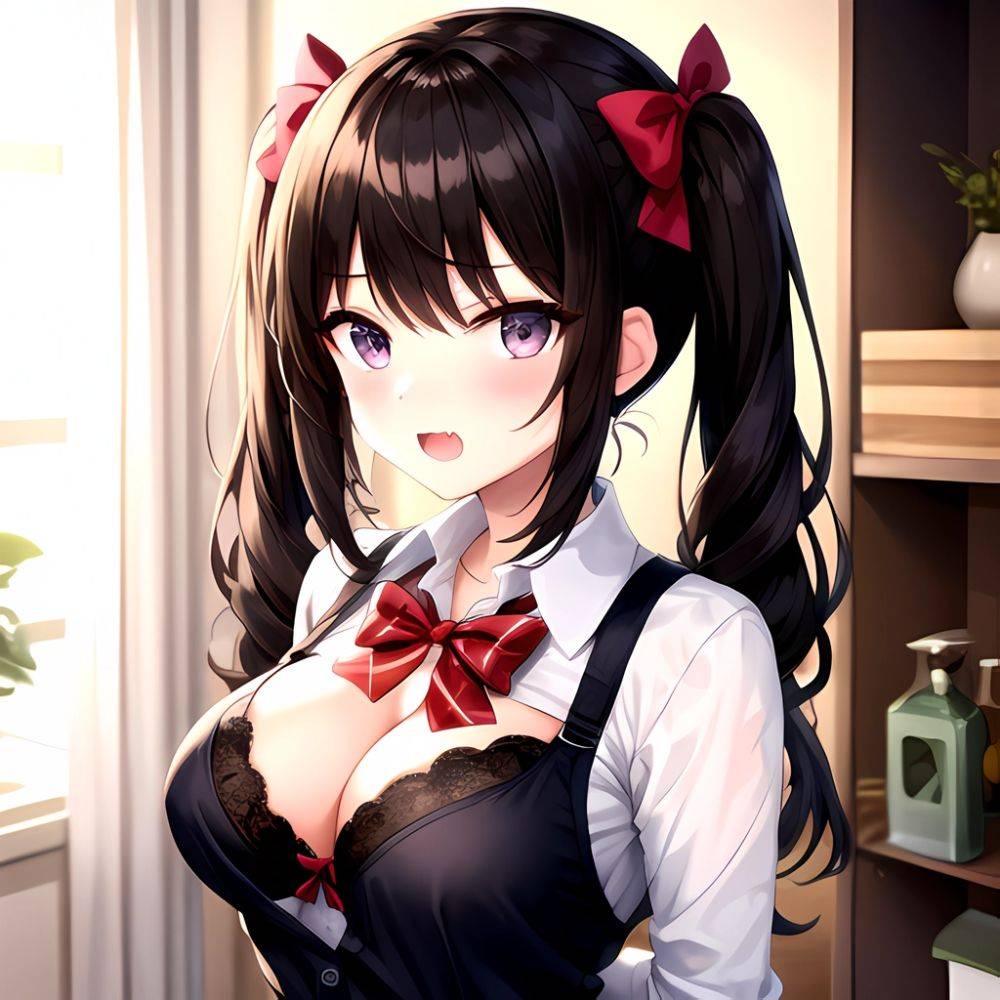 1girl Black Eyes Black Hair Blush Bow Bowtie Bra Breasts Center Opening Cleavage Collared Shirt Fang Grey Bra Hair Intakes, 3299662719 - AIHentai - #main