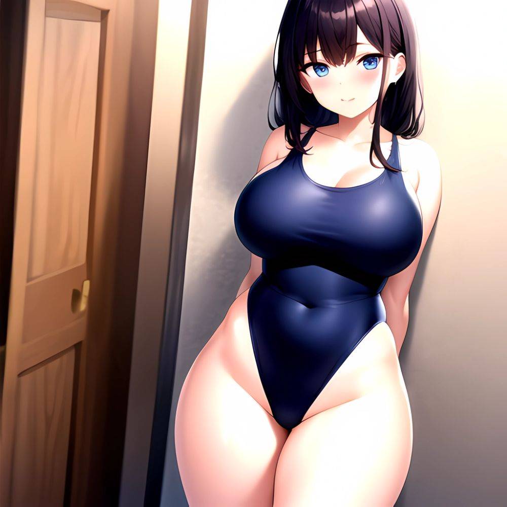 Takarada Rikka 1girl Against Wall Blue Eyes Blush Breasts Collarbone Competition Swimsuit Curvy Groin Highleg Huge Breasts Indoo, 224493540 - AIHentai - #main