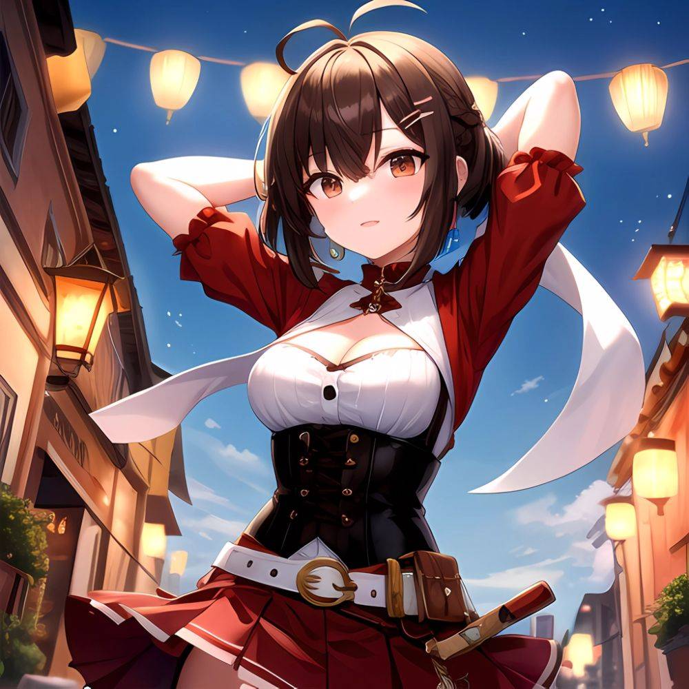 Nanashi Mumei Nanashi Mumei 1st Costume 1girl Ahoge Arms Behind Head Arms Up Belt Brown Corset Brown Eyes Brown Hair, 1996565771 - AIHentai - #main