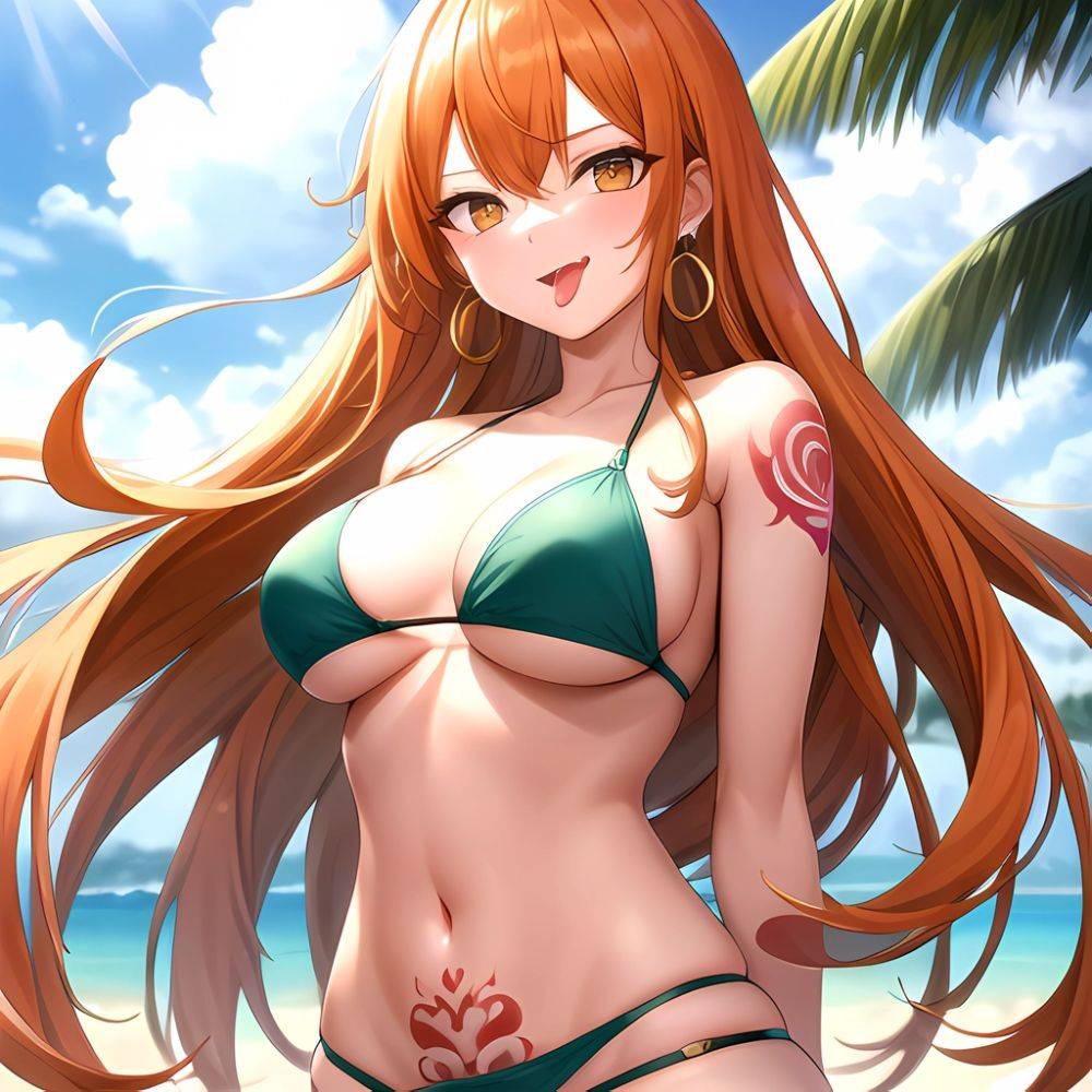 Nami One Piece 1girl Bare Arms Bare Shoulders Bikini Breasts Earrings Green Bikini Groin Jewelry Large Breasts Long Hair Looking, 304264750 - AIHentai - #main