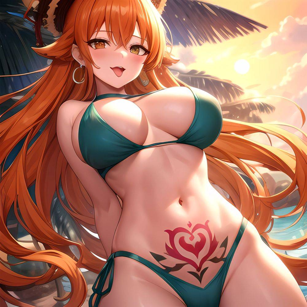 Nami One Piece 1girl Bare Arms Bare Shoulders Bikini Breasts Earrings Green Bikini Groin Jewelry Large Breasts Long Hair Looking, 146702060 - AIHentai - #main