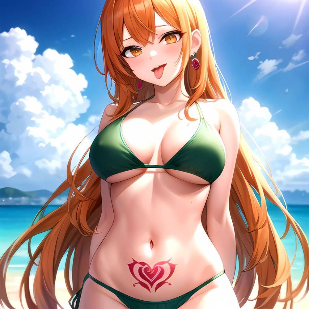 Nami One Piece 1girl Bare Arms Bare Shoulders Bikini Breasts Earrings Green Bikini Groin Jewelry Large Breasts Long Hair Looking, 1115554620 - AIHentai - #main