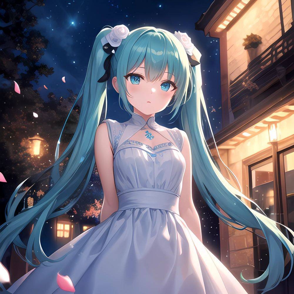 Face Focus Masterpiece Best Quality 1girl White Roses Petals Night Background Fireflies Light Particle Solo Aqua Hair With Twin, 3758543407 - AIHentai - #main