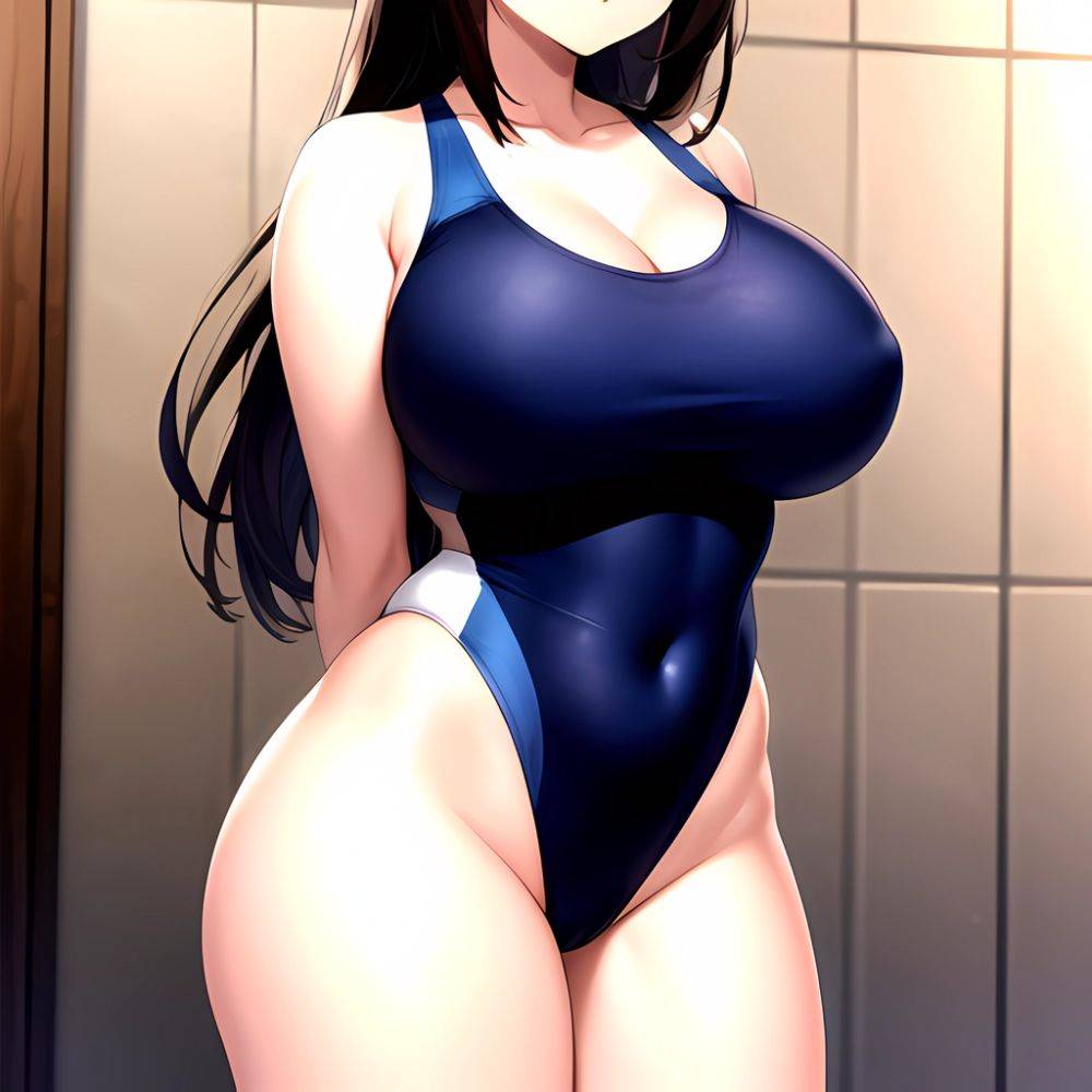 Takarada Rikka 1girl Against Wall Blue Eyes Blush Breasts Collarbone Competition Swimsuit Curvy Groin Highleg Huge Breasts Indoo, 156233521 - AIHentai - #main