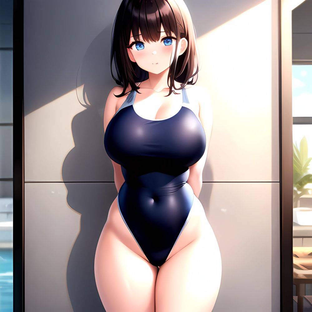 Takarada Rikka 1girl Against Wall Blue Eyes Blush Breasts Collarbone Competition Swimsuit Curvy Groin Highleg Huge Breasts Indoo, 390246589 - AIHentai - #main