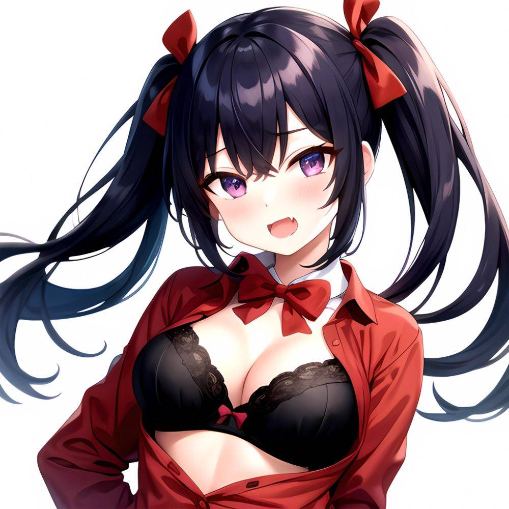 1girl Black Eyes Blue Hair Blush Bow Bowtie Bra Breasts Center Opening Cleavage Collared Shirt Fang Black Bra Hair Intakes, 2630073969 - AIHentai - #main