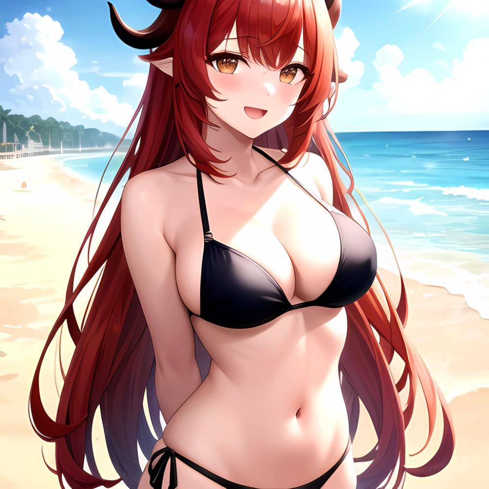 Nilou Genshin Impact 1girl Bare Shoulders Beach Bikini Blush Breasts Cleavage Collarbone Fake Horns Horns Large Breasts Long Hai, 2432117372 - AIHentai - #main